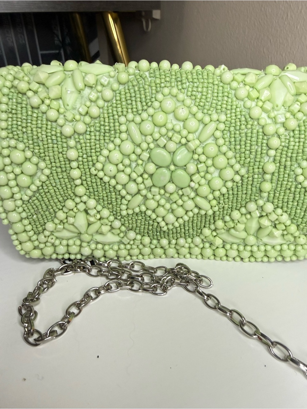Hand Beaded Lime Green Women’s Bag with Silver Shoulder Chain